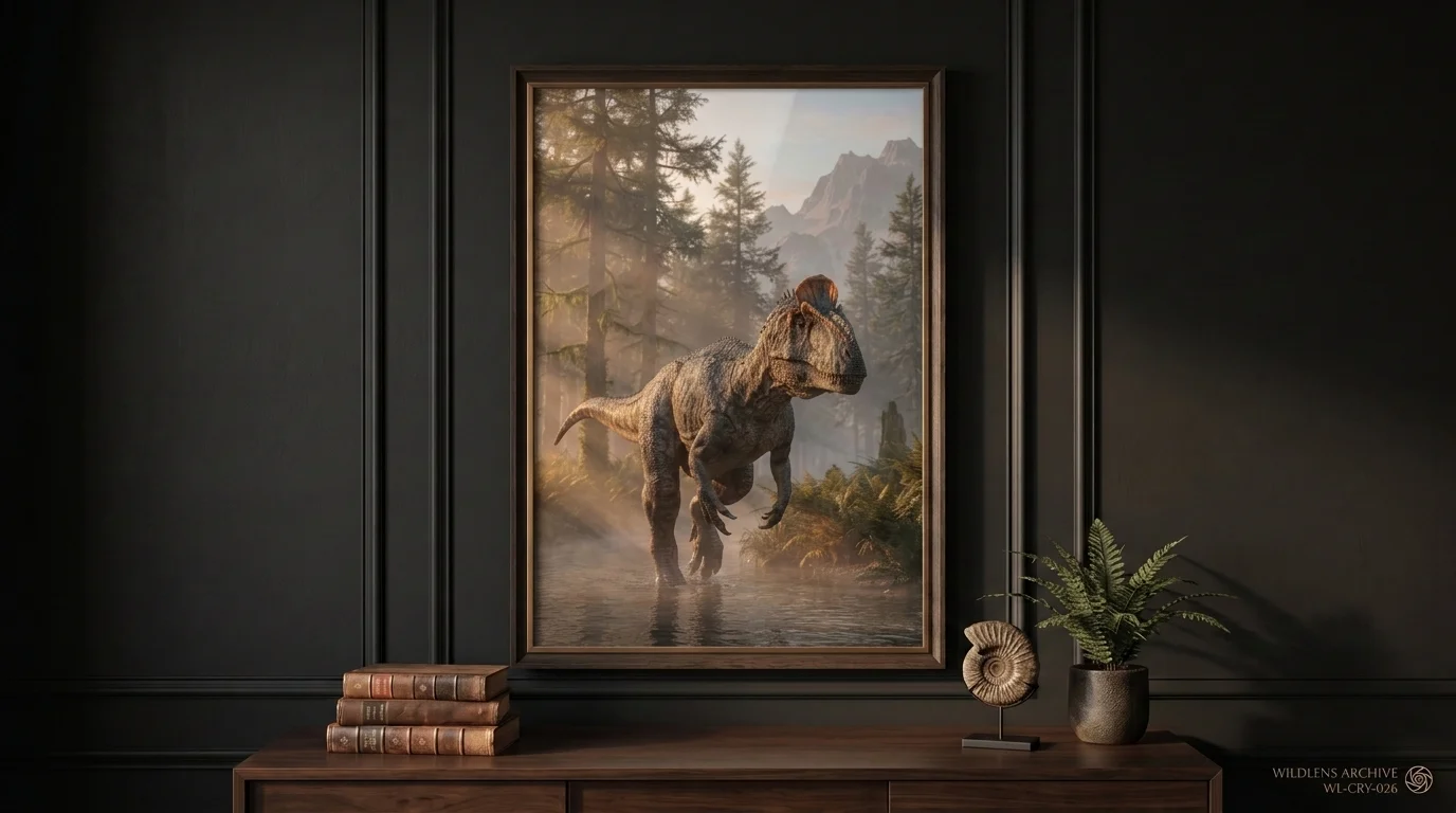 The Crested Carnivore: framed Cryolophosaurus poster mockup