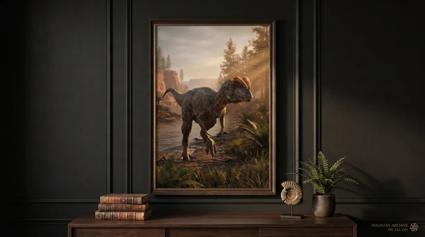 The Crested Stalker: framed Dilophosaurus poster mockup
