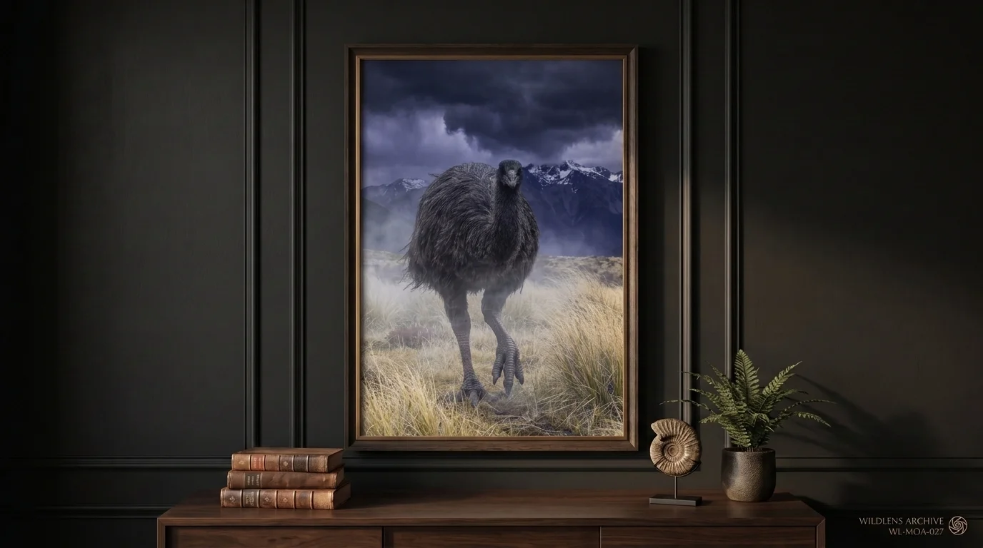 The Forest Titan: framed Giant moa poster mockup