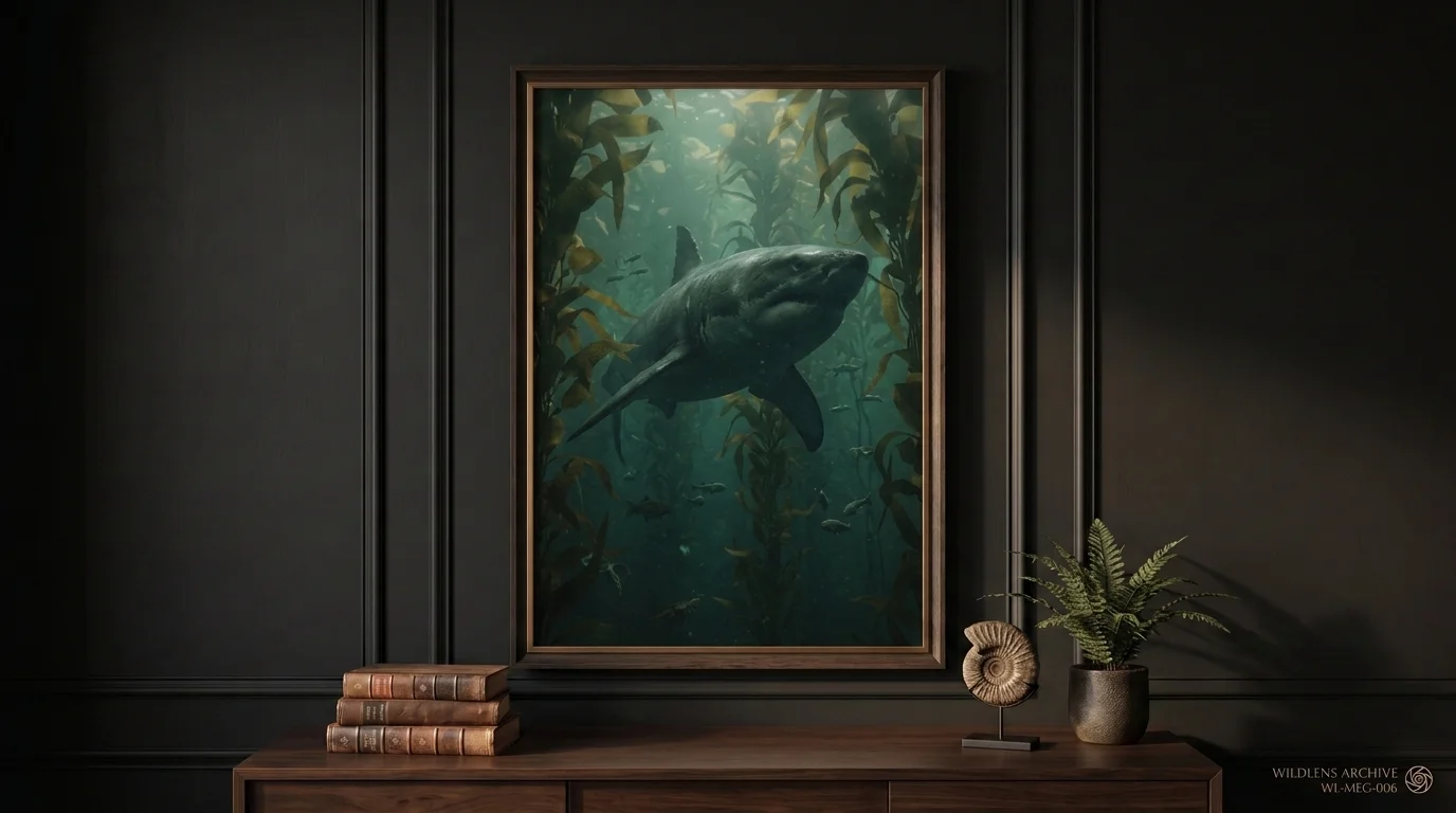The Kelp Forest Stalker: framed Megalodon poster mockup