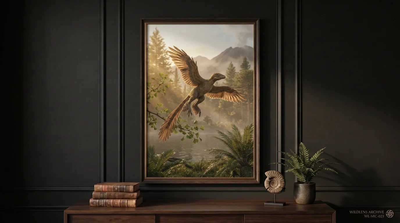 The Winged Hunter: framed Microraptor poster mockup