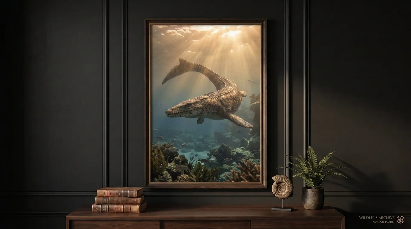 Apex of the Deep: framed Mosasaurus poster mockup