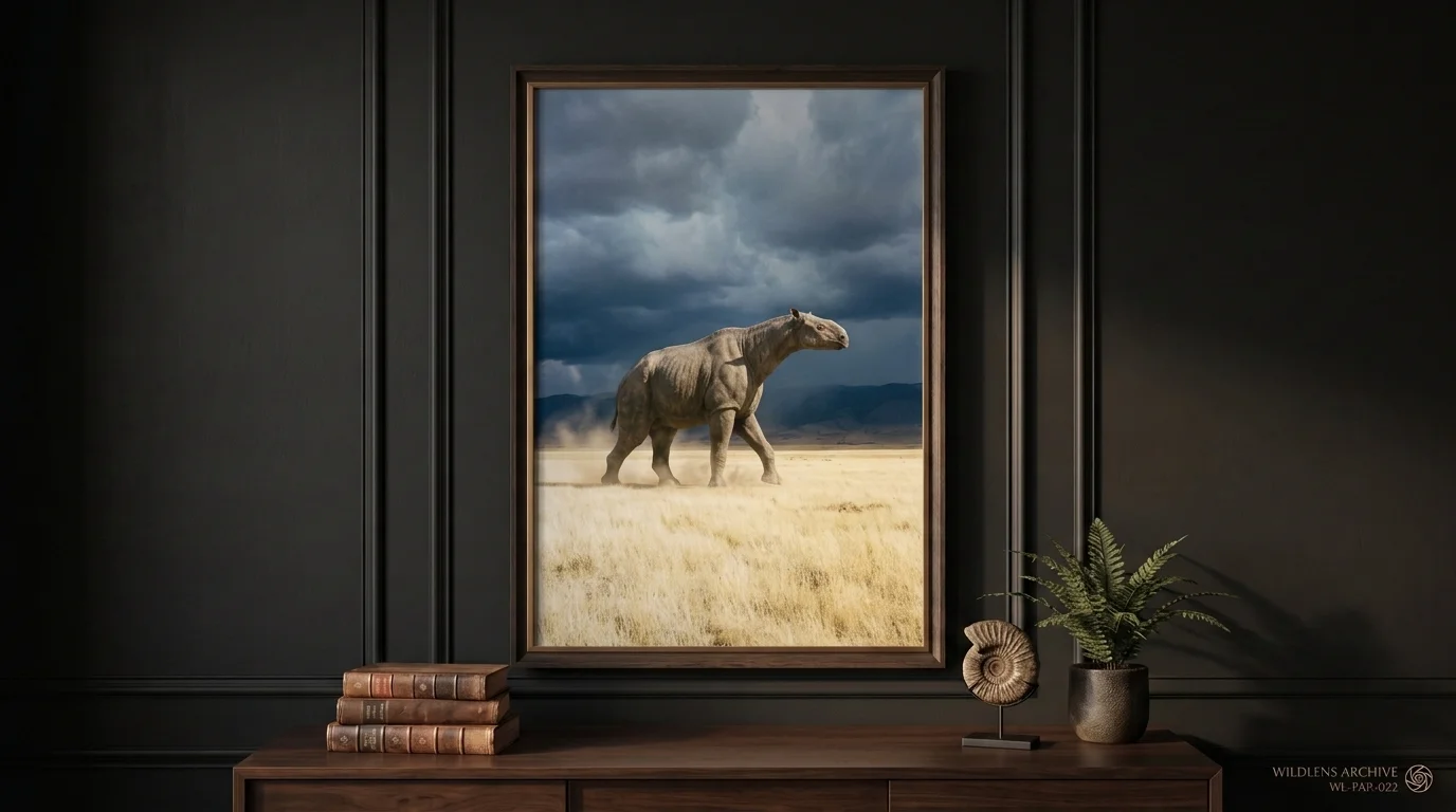 The Storm-Stalking Giant: framed Paraceratherium poster mockup