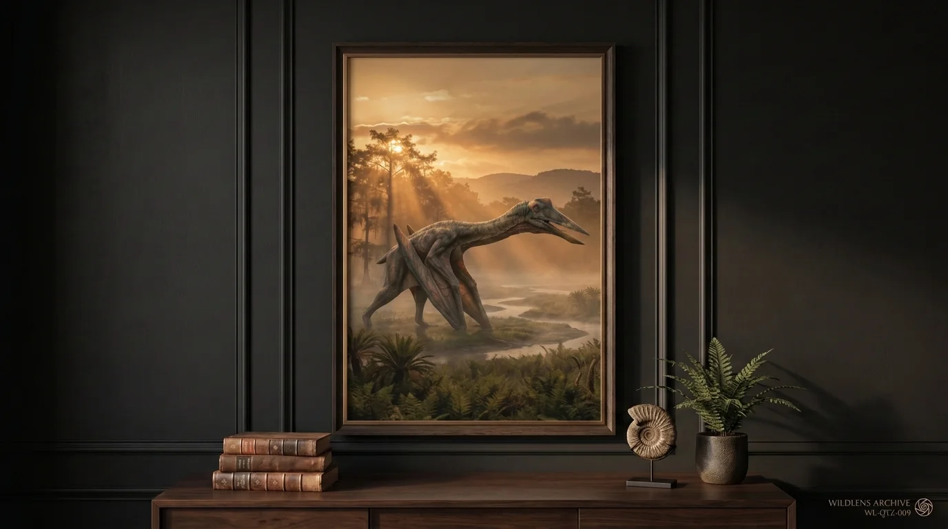 Dawn of the Sky Giant: framed Quetzalcoatlus poster mockup