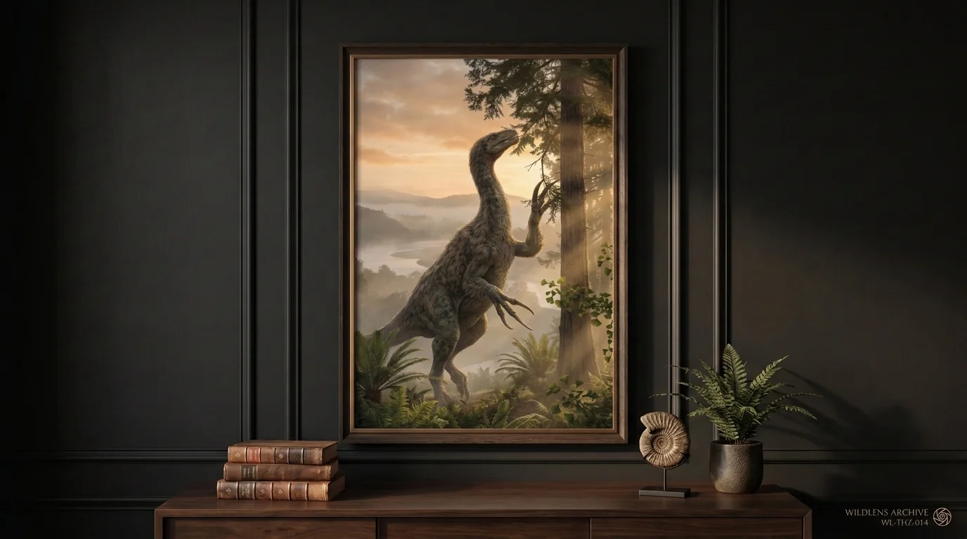The Scythe-Clawed Forager: framed Therizinosaurus poster mockup