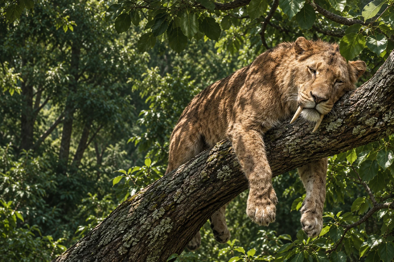 A resting saber-toothed cat on a forest branch, a WildLens artistic reconstruction